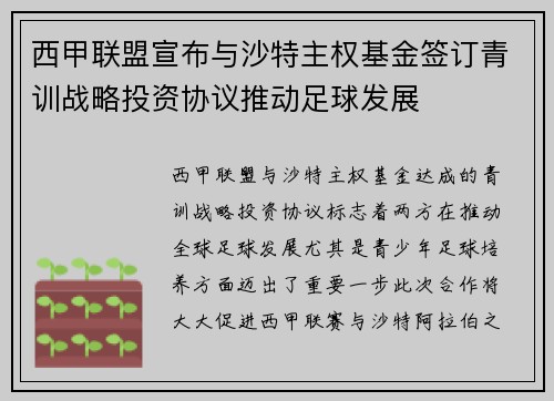 西甲联盟宣布与沙特主权基金签订青训战略投资协议推动足球发展