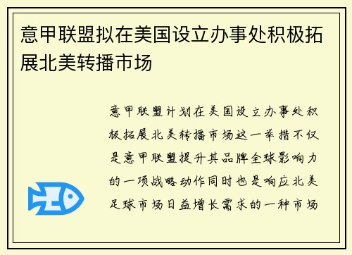 意甲联盟拟在美国设立办事处积极拓展北美转播市场 意甲联盟拟在美国设立办事处积极拓展北美转播市场
